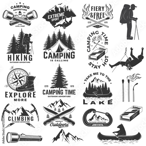 Set of outdoor adventure sticker. Vector illustration. Concept for shirt or logo, print, stamp, patch or tee. Vintage typography design with forest pine tree, hiker, climber and mountain silhouette