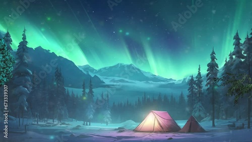 Winter scenery. Northern lights in winter forest. Night winter landscape with aurora, tent and pine tree forest. cartoon or anime watercolor illustration style looping video background