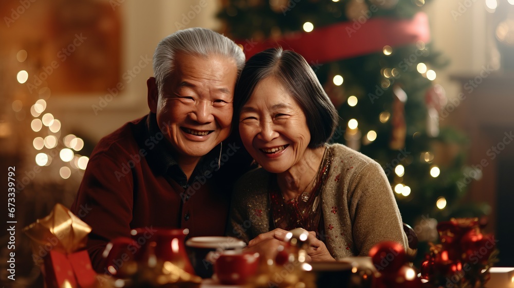 happiness cheerful asian old senior retired marry couple enjoy happiness family night on christmas eve celebration event with interior of house full of christmas decorative ornament at night