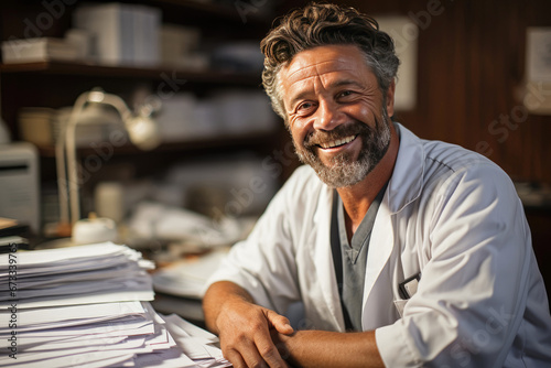 Smiling professional England doctor wears white coat, glasses and stethoscope looking at camera. Happy bearded senior physician or therapist with dental smile posing for close up head shot portrait.