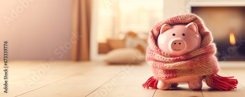 Pink piggy bank wrapped up warm with a scarf in house. Winter heating bills concept. Copy Space. Generative AI