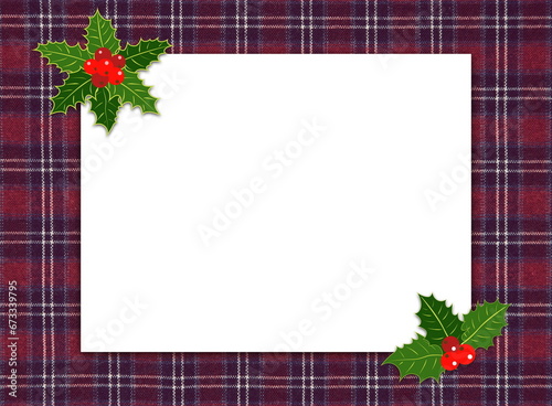 Christmas holiday invitation card on checkered purple fabric background with white blank paper for text.