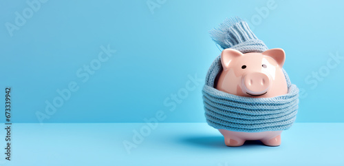 Pink piggy bank wrapped up warm with a scarf on blue background. Winter heating bills concept. Copy Space. Generative AI photo