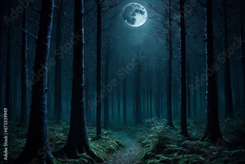 Spooky forest mystery horror beauty in nature, night in the woods under full moon, dark fantasy background, ai generated
