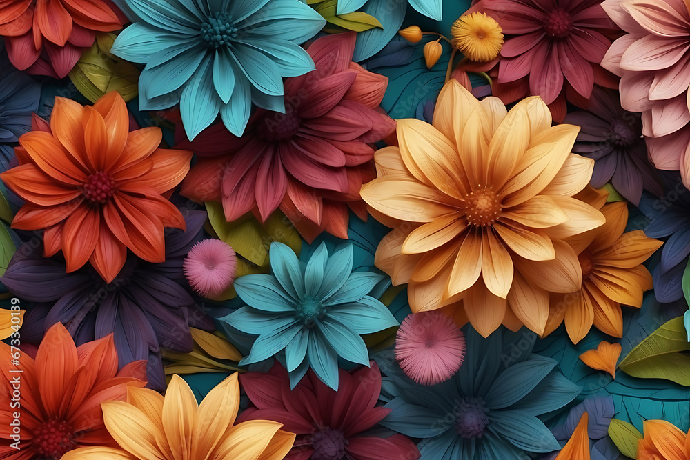 Digital art piece showcasing abstract flowers with vivid color palette Digital art piece showcasing abstract flowers with vivid color palette