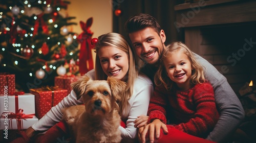 lovely family parent and kid with animal pet dog stay together in chrsitmas festive celebrate night at home living room full of decorating joyfel happiness moment photo