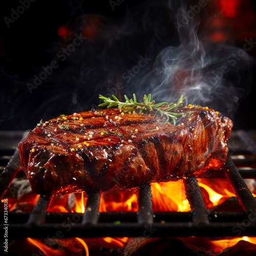 Grilled meat steak on stainless grill depot with flames on dark background. Food and cuisine concept. Made with generative ai. 