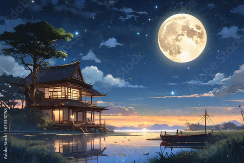 Spooky forest mystery horror beauty in nature, night in the woods under full moon, dark fantasy background, ai generated
