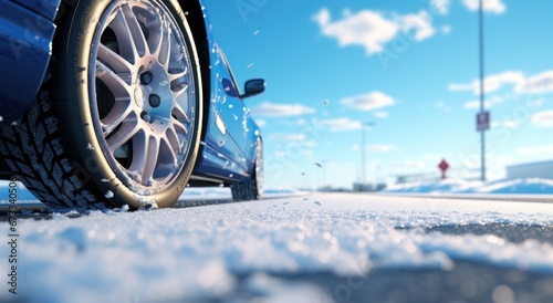 a car tire on cold snowy roads with snow falling down