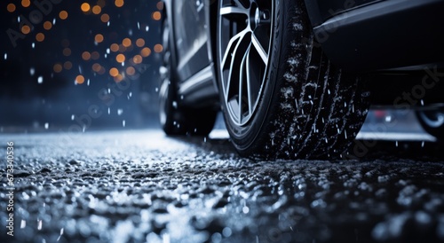 a car tire on cold snowy roads with snow falling down