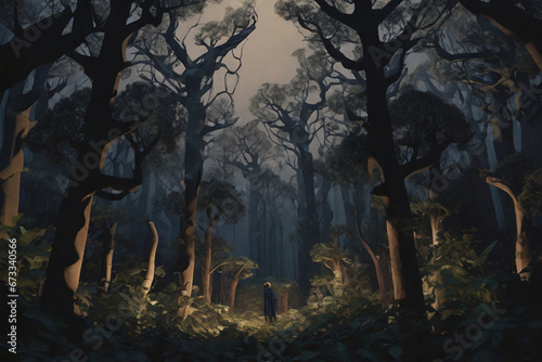 Spooky forest mystery horror beauty in nature, night in the woods under full moon, dark fantasy background, ai generated
