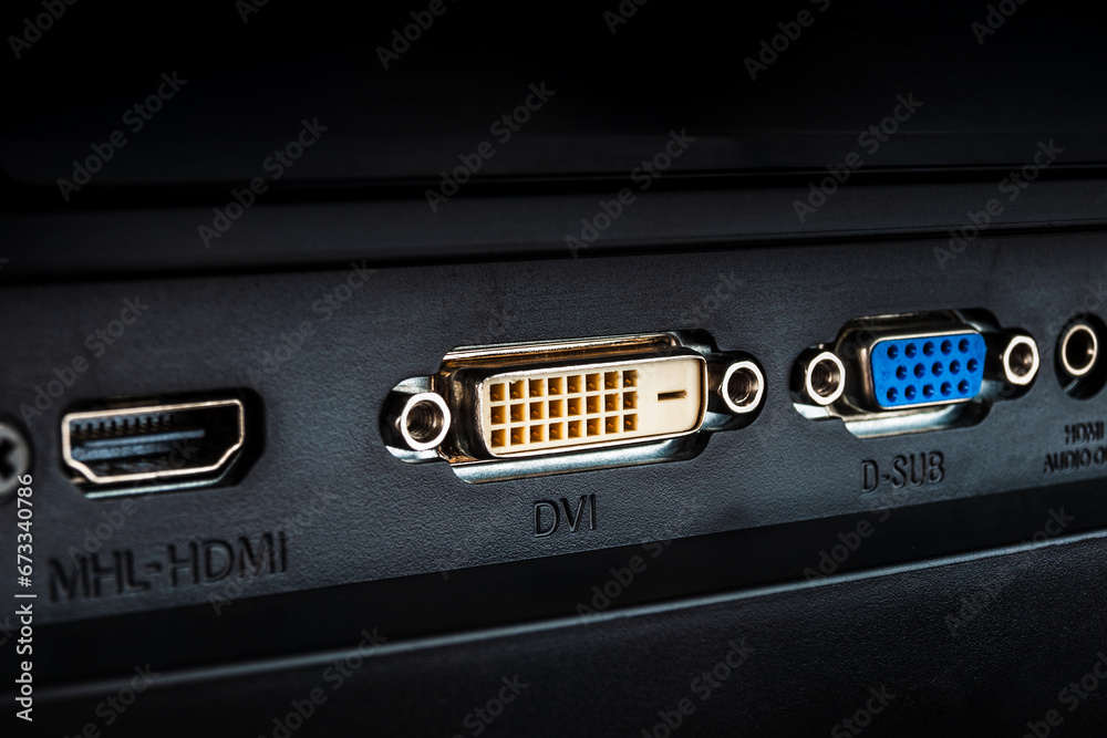 DVI HDMI digital and VGA analog video connector for connecting an external TV screen monitor to a computer laptop for watching video video signal transmission isolated on a white background DVI HDMI digital and VGA analog video connector for connecting an external TV screen monitor to a computer laptop for watching video video signal transmission isolated on a white background