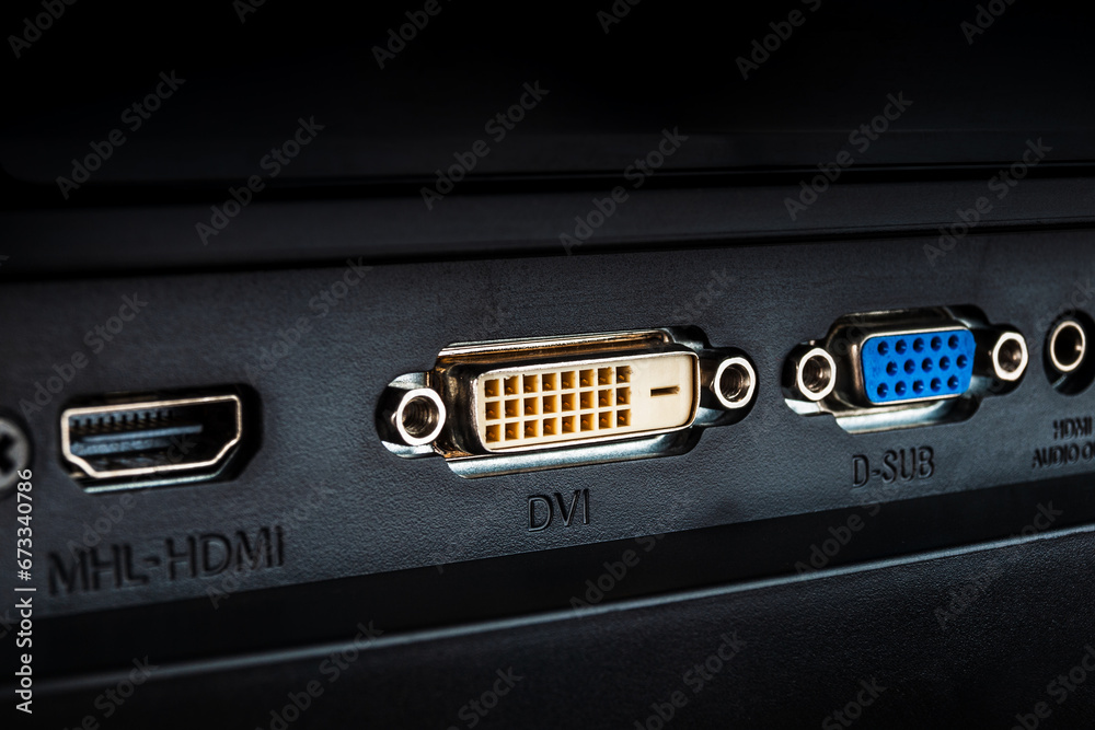 DVI HDMI digital and VGA analog video connector for connecting an external TV screen monitor to a computer laptop for watching video video signal transmission isolated on a white background