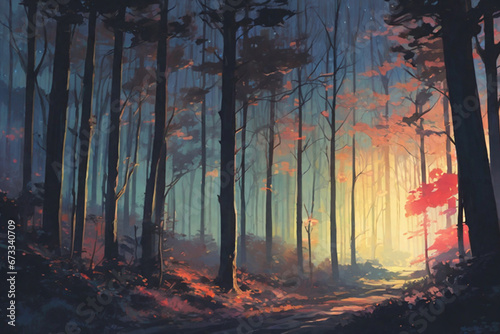 Spooky forest mystery horror beauty in nature, night in the woods under full moon, dark fantasy background, ai generated
