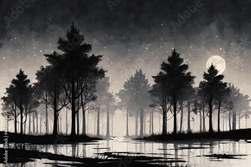 Spooky forest mystery horror beauty in nature, night in the woods under full moon, dark fantasy background, ai generated
