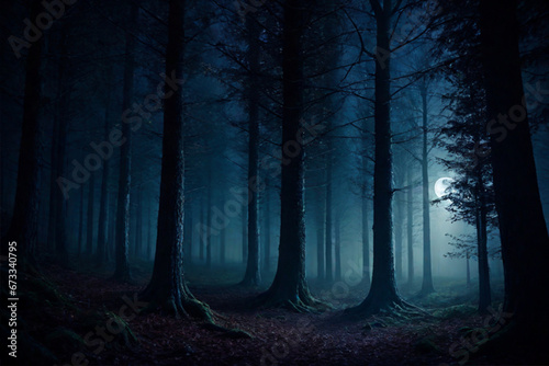 Spooky forest mystery horror beauty in nature, night in the woods under full moon, dark fantasy background, ai generated
