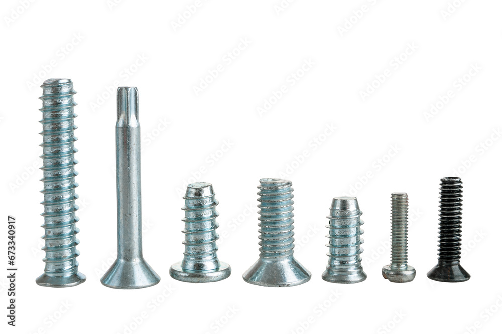 Bolts screws self-tapping screws of various shapes and sizes for connecting fastener elements isolated on a white background Bolts screws self-tapping screws of various shapes and sizes for connecting fastener elements isolated on a white background