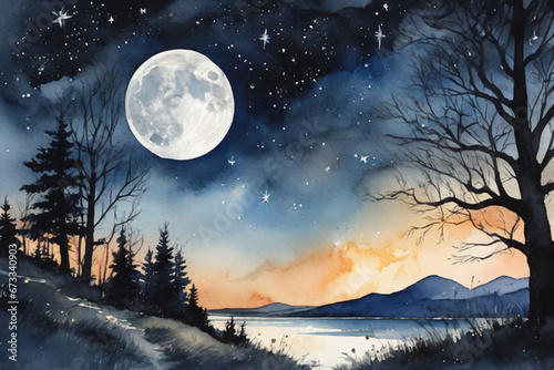 Spooky forest mystery horror beauty in nature, night in the woods under full moon, dark fantasy background, ai generated
