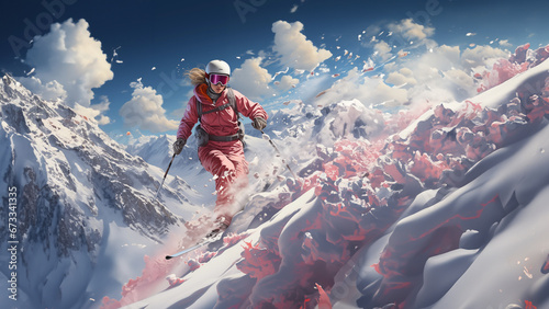 Leinwand Poster Skifahrer in den Bergen als Zeichnung Polygon im Querformat als Banner, ai gener
