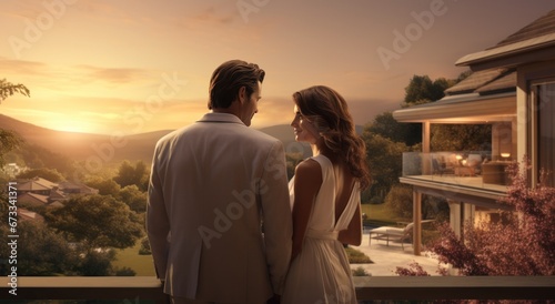 a couple is standing in front of a home with a beautiful view in a country setting