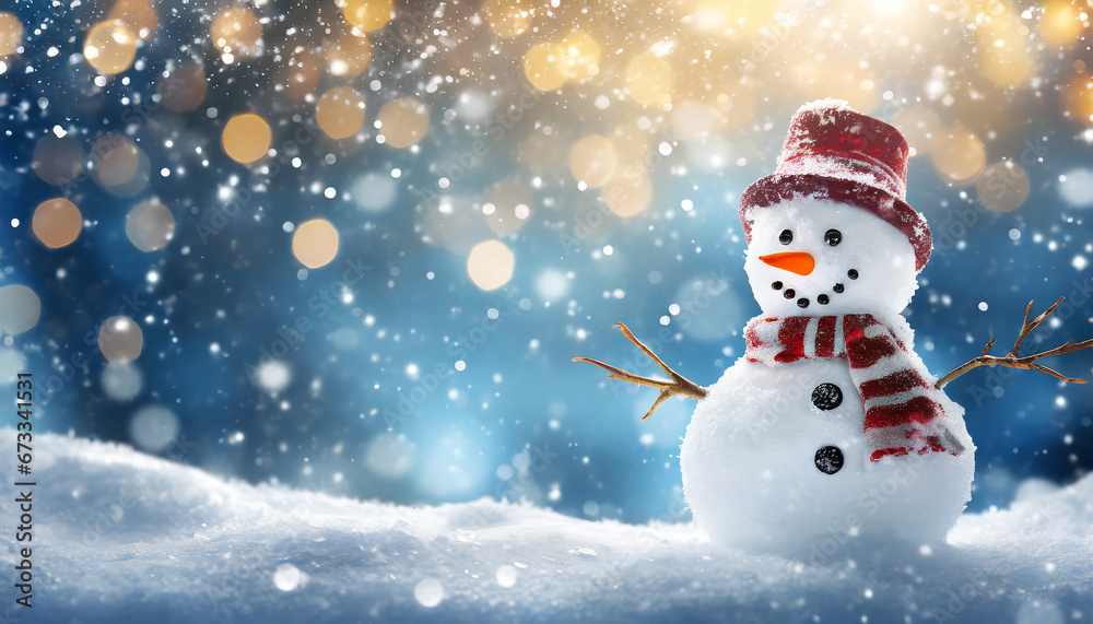 Christmas winter background with snowman and blurred bokeh