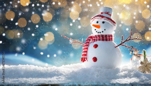 Christmas winter background with snowman and blurred bokeh © gary
