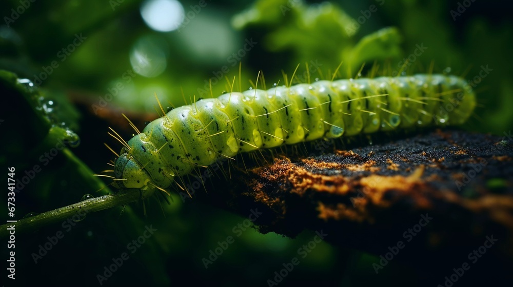 Naklejka premium Tiny Explorer: A Caterpillar's Journey Across a Branch