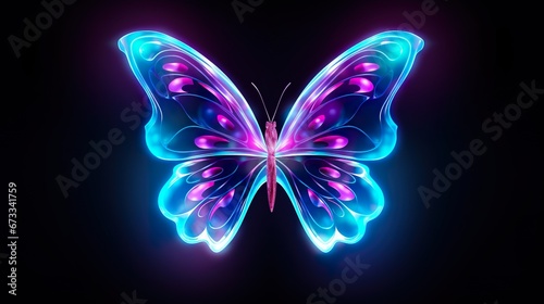 beautiful purple neon glowing butterfly illustration at black background, colorful magic wallpaper © goami