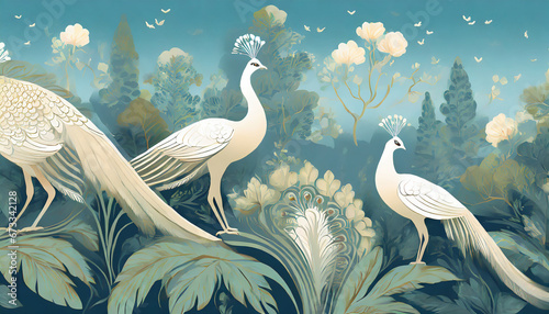 pattern wallpaper with white peacock birds with trees plants and birds in a vintage style landscape blue sky background photo