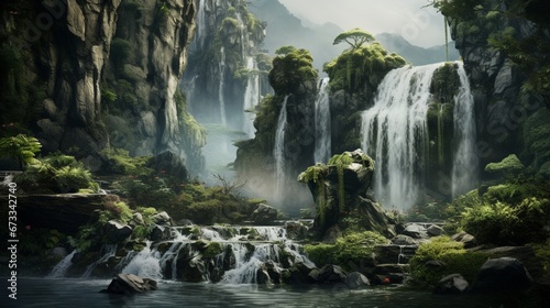 A cascading waterfall with plants clinging to the rocky surface, misted by the water spray. photo