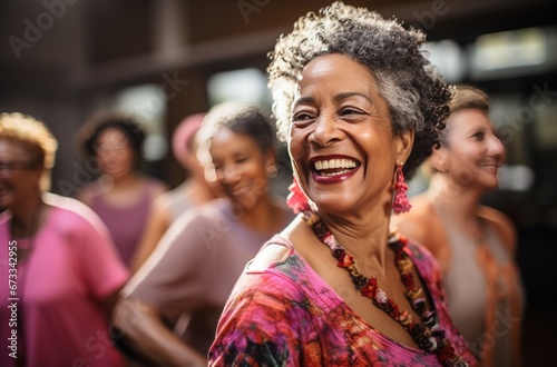elderly woman in pink shirt dancing with her friends