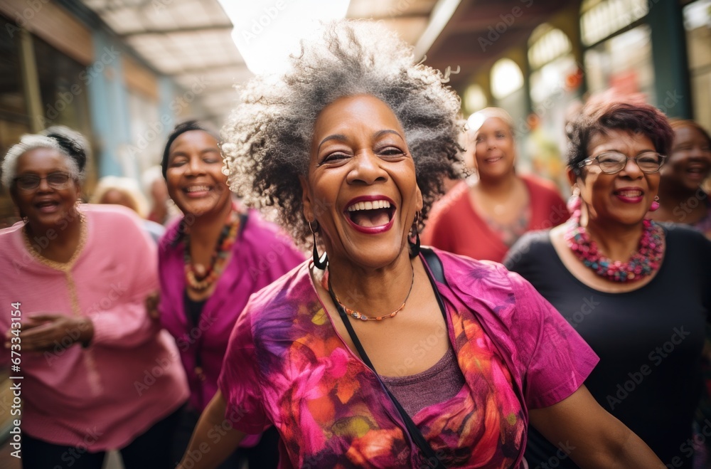 elderly woman in pink shirt dancing with her friends elderly woman in pink shirt dancing with her friends
