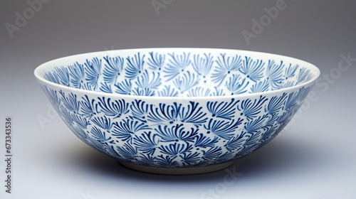 A ceramic bowl with intricate blue patterns, placed centrally against a stark white background.