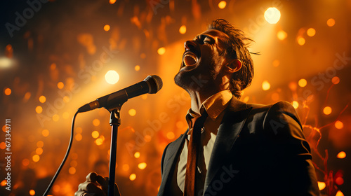 Man on stage and singing into microphone on colored background shot