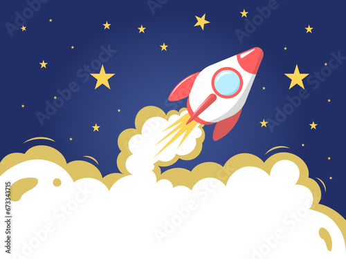 Rocket in outer space. Flat vector illustration with place for text.