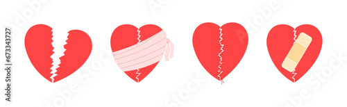Set of broken hearts. A sewn heart, sealed with a plaster, wrapped in a bandage. Symbol of unrequited love or betrayal. Flat vector illustration.