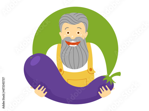 A bearded man gardener with a large eggplant in his hands rejoices at the good birth of vegetables.