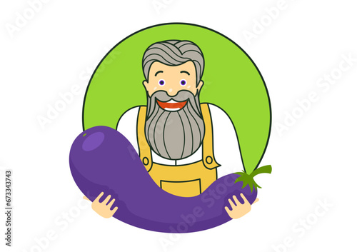 A cheerful gardener with a huge eggplant in his hands rejoices at a good harvest. Vector illustration with outline.