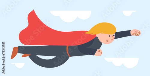 A superhero in a red cloak flies across the sky. Flat vector illustration.