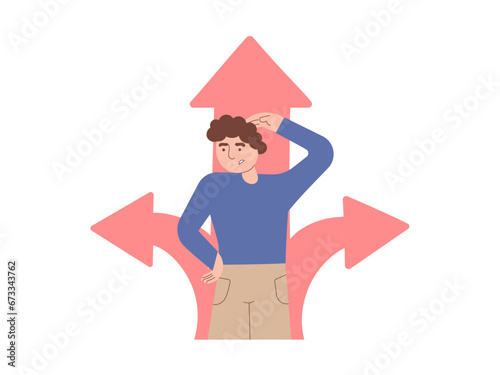 A young man chooses a direction. Puzzled guy facing a choice. Flat vector illustration.