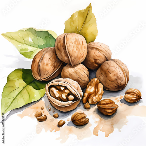 Walnuts cracked and uncracked nuts, watercolor illustration. photo