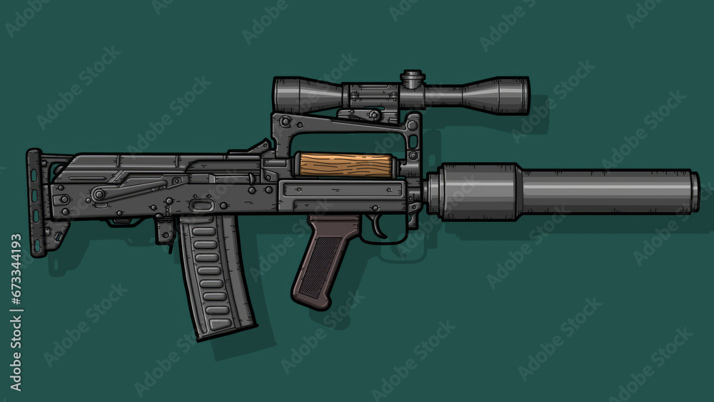 Close-up of a black assault rifle Groza with a silencer and an optical sight on a green isolated background. Line Art. High quality illustration Close-up of a black assault rifle Groza with a silencer and an optical sight on a green isolated background. Line Art. High quality illustration