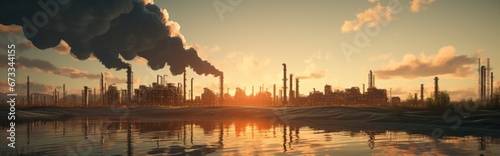 a large industrial complex and oil pipeline at sunset