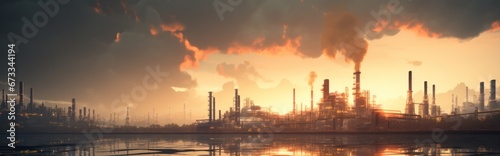 a large industrial complex and oil pipeline at sunset