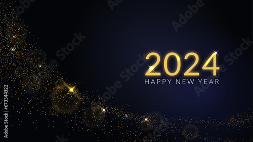 Happy new 2024 year! Elegant gold text with sparkles. Festive banner with golden particles on dark background.