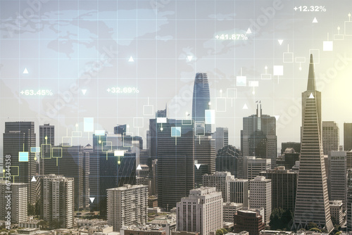 Multi exposure of virtual abstract financial graph hologram and world map on San Francisco cityscape background, financial and trading concept