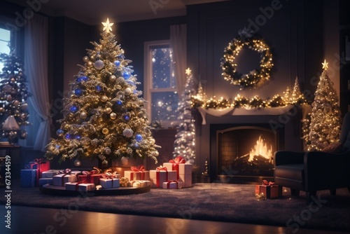 christmas tree and fireplace