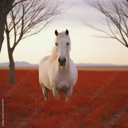 White horse in the red grass field