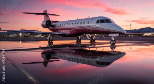 a private jet at sunset parked outdoors © olegganko