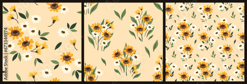Seamless floral pattern, liberty ditsy print with mini sunflowers in the collection. Cute botanical design: simple hand drawn plants, small wild flowers, leaves, light background. Vector illustration.